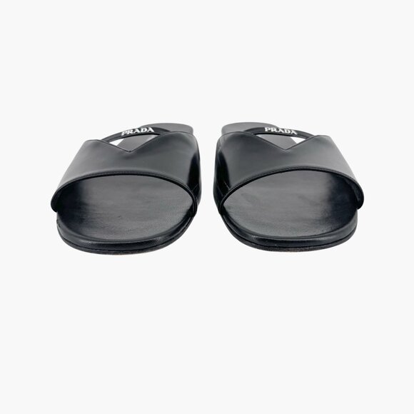 Prada Black Leather Triangle Logo Cutout Mule Slide Sandal Flat Size 39.5 US 9.5 - Picture 6 of 15